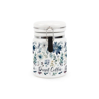 Purely Home Blue Pastel Flowers Decaf Coffee CanisterPretty Watercolour Floral GiftCeramic Kitchen Storage Container With Clip Lid 400Ml from B&Q