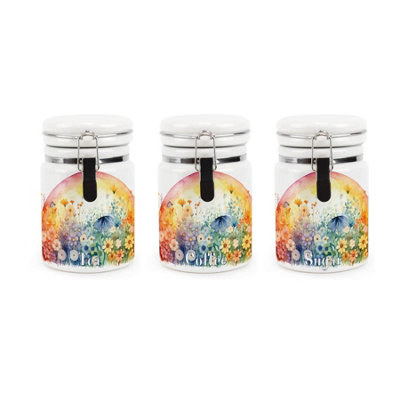 Purely Home Rainbow Flowers Tea Coffee Sugar Ceramic CanistersVibrant Sunrise Floral GiftStorage Containers With Clip Lid from B&Q