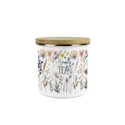 Purely Home Pastel Flowers Tea Storage CanisterWatercolour Floral GiftsWhite Enamel Medium Kitchen Food/drinks Storage Container from B&Q
