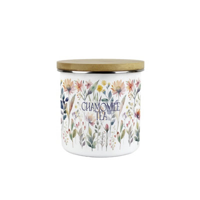 Purely Home Pastel Flowers Chamomile Tea Storage CanisterWatercolour Floral GiftWhite Enamel Medium Kitchen Storage Container from B&Q