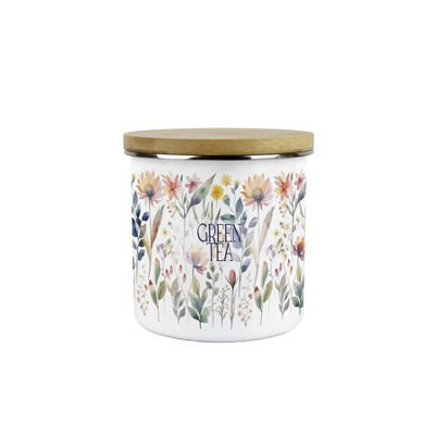Purely Home Pastel Flowers Green Tea Storage CanisterWatercolour Floral GiftsWhite Enamel Medium Kitchen Food/drinks Storage Container from B&Q