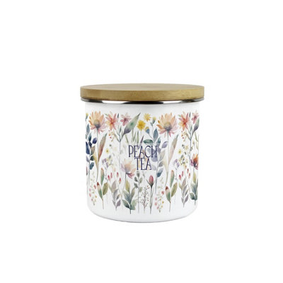 Purely Home Pastel Flowers Peach Tea Storage CanisterWatercolour Floral GiftsWhite Enamel Medium Kitchen Food/drinks Storage Container from B&Q