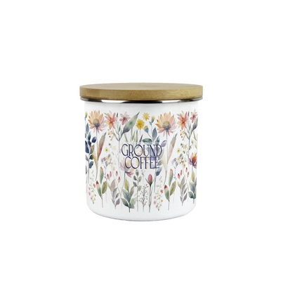 Purely Home Pastel Flowers Ground Coffee Storage Canister - Watercolour Floral Gifts - White Enamel Medium Kitchen Storage Container