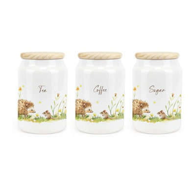 Purely Home Hedgehog & Mouse Ceramic Tea Coffee Sugar CanistersWoodland Wildlife & Scenery Kitchen Storage Container & Wooden Lid 600Ml from B&Q