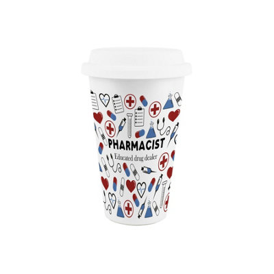 Purely Home Pharmacist Ceramic Travel Mug - Humorous Medical Themed Novelty Gifts/Presents - Double-Walled Insulated Hot/Cold Drinks Flask Cup