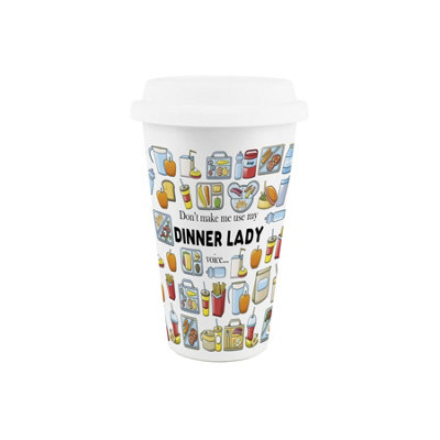 Purely Home Novelty Dinner Lady Ceramic Travel Mug - Reusable Drinks Cup Gift - White - Image 3