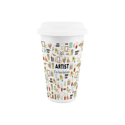 B&Q -  Artist Ceramic Travel MugHumorous Artwork Painter Novelty Gifts/presentsDouble-Walled Insulated Hot/cold Drinks Flask Cup