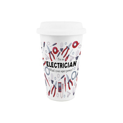 Purely Home Electrician Ceramic Travel Mug - Humorous Tradesman Novelty Gifts/Presents - Double-Walled Insulated Hot/Cold Drinks Flask Cup
