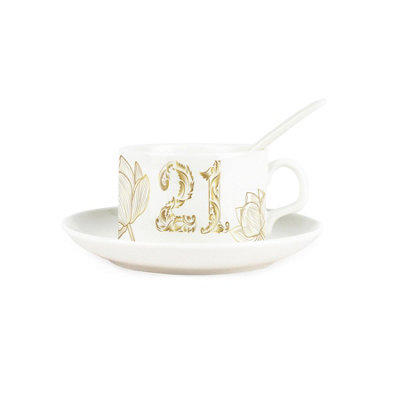 Purely Home Golden Flowers Age 21 Cup & Saucer Set With Spoon21St Birthday Gifts For HerPorcelain White Mug Coffee/tea Hot Drinks from B&Q