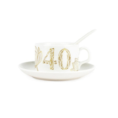 Purely Home Golden Flowers Age 40 Cup & Saucer Set With Spoon40Th Birthday Gifts For HerPorcelain White Mug Coffee/tea Hot Drinks from B&Q