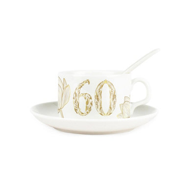 Purely Home Golden Flowers Age 60 Cup & Saucer Set With Spoon60Th Birthday Gifts For HerPorcelain White Mug Coffee/tea Hot Drinks from B&Q