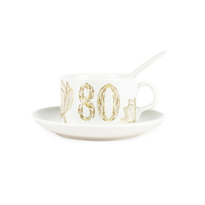 Purely Home Golden Flowers Age 80 Cup & Saucer Set With Spoon80Th Birthday Gifts For HerPorcelain White Mug Coffee/tea Hot Drinks from B&Q