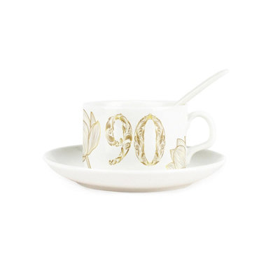 Golden Flowers Age 90 Porcelain Cup & Saucer Set with Spoon - 90th Birthday Gift - Image 2
