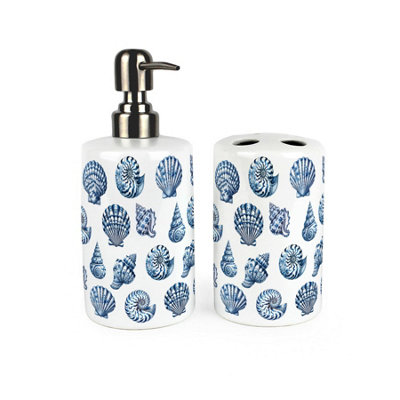 Purely Home Blue Seashells Bathroom SetRefillable Ceramic Soap Dispenser & Toothbrush Holder from B&Q