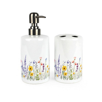 Purely Home Wildflower Bathroom SetRefillable Ceramic Soap Dispenser & Toothbrush Holder from B&Q