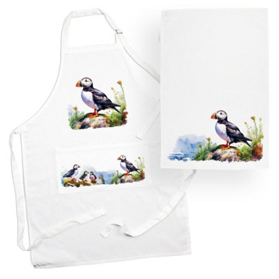 Puffins Tea Towel & Apron Set - Coastal Seabirds Kitchen Linens Gifts - Image 2