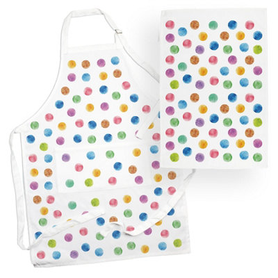 B&Q -  Polka Dots Apron & Tea Towel Kitchen SetColourful Rainbow Spots GiftsCooking And Baking Present Linen Sets