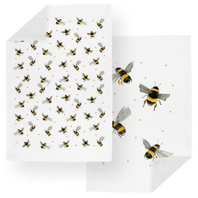 Purely Home Scattered Bees Tea Towels SetBumblebees & Polka Dots Kitchen Gift SetPack Of 2 Large Panama Cotton Dish Towels from B&Q