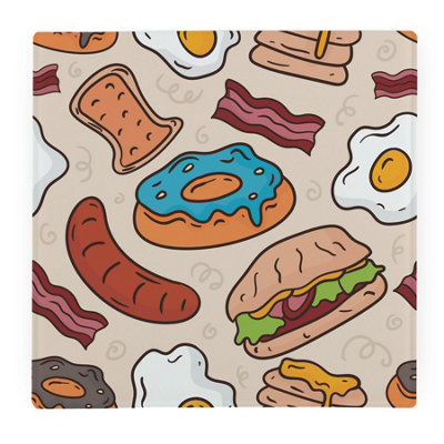 Purely Home Cartoon Breakfast Large Square Worktop Protector - Smooth Glass Chopping Board - Neutral - Image 3