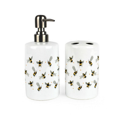 Purely Home Scattered Bees Bathroom SetRefillable Ceramic Soap Dispenser & Toothbrush Holder from B&Q