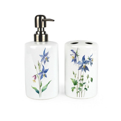 Blue Flowers Bathroom Accessories Set - Pretty Floral Garden Gifts Refillable Ceramic Soap Pump Bottle Dispenser & Toothbrush Holder - Washrooom Home Gift Set of 2 - Image 3