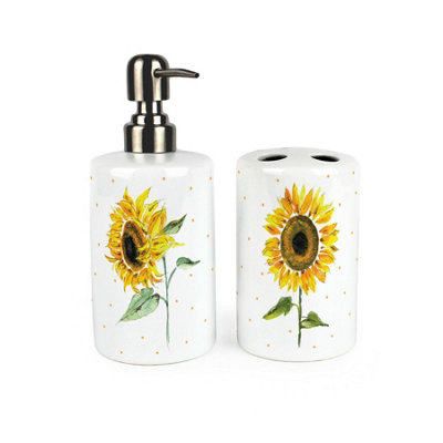 Purely Home Sunflowers Bathroom SetRefillable Ceramic Soap Dispenser & Toothbrush Holder from B&Q