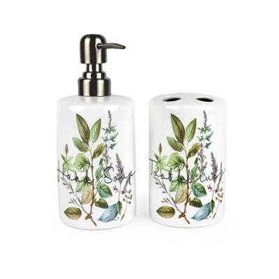 Purely Home Watercolour Herbs Bathroom SetRefillable Ceramic Soap Dispenser & Toothbrush Holder from B&Q