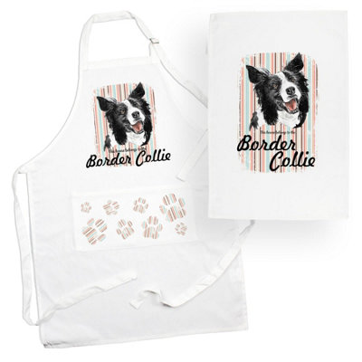 B&Q -  Border Collie Apron & Tea Towel Kitchen SetPortrait Gifts For Dog LoversCooking And Baking Present Linen Sets