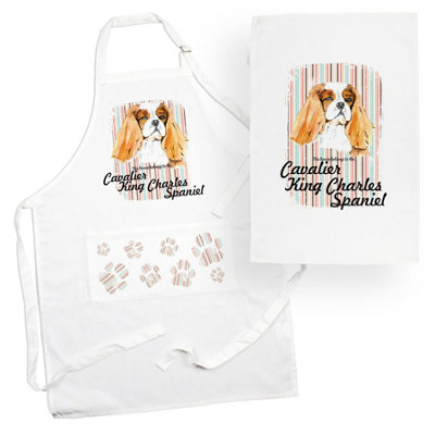 Cavalier Spaniel Tea Towel & Apron Set - Dogs & Paw Prints Kitchen Linens Gifts - Image 2