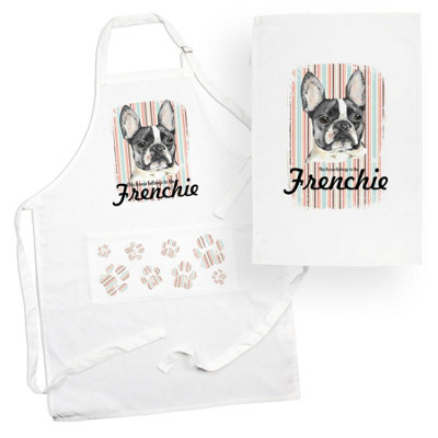 Purely Home Frenchie Apron & Tea Towel Kitchen SetFrench Bulldog Portrait Gifts For Dog LoversCooking And Baking Present Linen Sets from B&Q