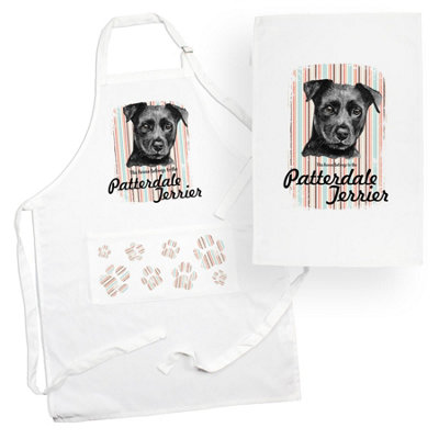 Purely Home Patterdale Terrier Apron & Tea Towel Kitchen SetPortrait Gifts For Dog LoversCooking And Baking Present Linen Sets from B&Q