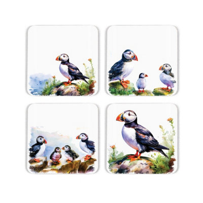 Purely Home Puffins On The Rocks Cork Coaster SetCoastal Seabirds GiftsSet Of Four (4) Square Drinks Coasters from B&Q