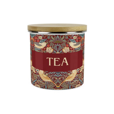 B&Q -  Red Strawberry Thief Tea Storage CanisterMorris Inspired Floral Tapestry Artwork Large Enamel Storage Container