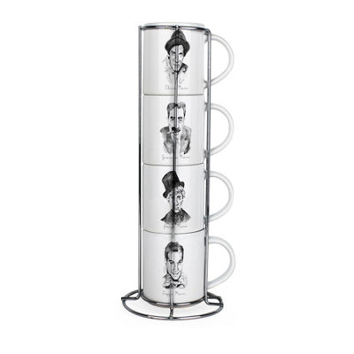 Purely Home Marx Brothers Stacking Mugs SetVintage Comedy Gifts For Marx Brother FansSet Of 4 Ceramic Mugs Gift Set With Metal Stand from B&Q