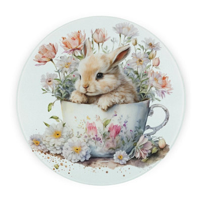 Purely Home Teacup Bunny Round Worktop ProtectorTextured Glass Chopping Board from B&Q