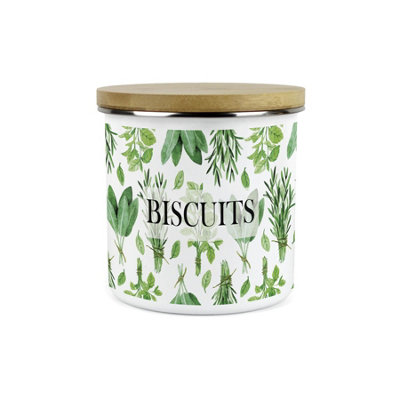 B&Q -  Kitchen Herbs Small Biscuits Storage CanisterWhite & Green Leaf Metal Enamel 1.2L Food Storage Container Gift - Image 4