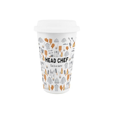 B&Q -  Head Chef Ceramic Travel MugCooking Themed Novelty Gifts For ChefsReusable Silicone Lid Double-Walled Insulated Drinks Flask