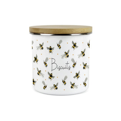 B&Q -  Scattered Bees Small Biscuits Storage CanisterBumblebee Print Kitchen Décor Gifts1.2L Metal Enamel Food Storage Container
