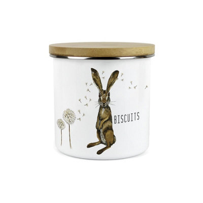 Purely Home Hares And Dandelions Small Biscuits Storage CanisterCountryside Kitchen Decor1.2L White Metal Enamel Food Storage Container from B&Q