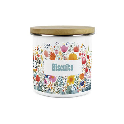 Purely Home Flower Meadow Small Biscuits Storage CanisterBright Floral Kitchen Décor1.2L Enamel Food Storage Container from B&Q