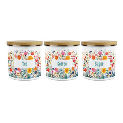 Purely Home Flower Meadow Tea Coffee & Sugar Storage Canisters Set Of 3Bright Floral Kitchen Décor1.2L Enamel Drinks Storage Containers from B&Q