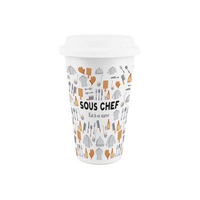 Purely Home Sous Chef Ceramic Travel Mug - Cooking Themed Novelty Gifts For Chefs - Reusable Silicone Lid Double-Walled Insulated Drinks Flask