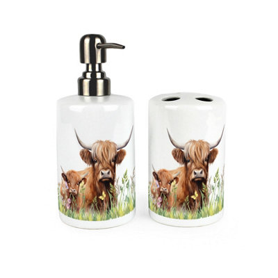 Purely Home Highland Cow & Calf Bathroom SetRefillable Ceramic Soap Dispenser & Toothbrush Holder from B&Q