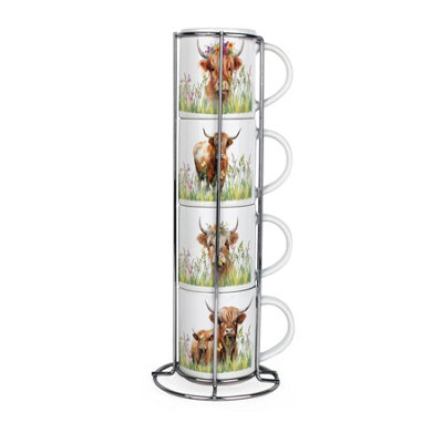 Purely Home Highland Cow Stacking Mugs SetCountryside Farm Animal GiftsSet Of 4 Ceramic Mugs Gift Set With Metal Stand from B&Q