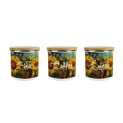 Purely Home Sunflowers Tea, Coffee & Sugar Storage Canisters Set - Van Gogh Inspired Oil Paint Artwork - Enamel Medium Kitchen Containers