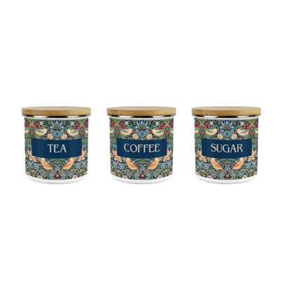 Purely Home Blue Strawberry Thief TeaCoffee & Sugar Storage Canister SetMorris Inspired Tapestry Artwork GiftEnamel Kitchen Containers from B&Q