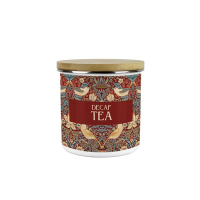 B&Q -  Red Strawberry Thief Decaf Tea Storage CanisterMorris Inspired Tapestry Artwork GiftMedium Enamel Kitchen Storage Container
