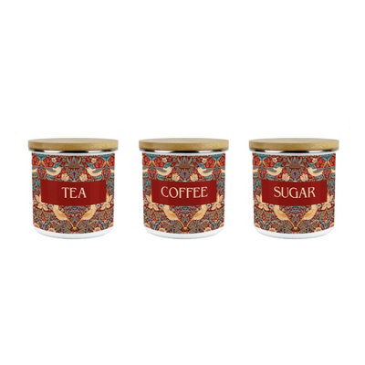 Purely Home Red Strawberry Thief TeaCoffee & Sugar Storage Canisters SetMorris Inspired TapestryMedium Enamel Kitchen Containers from B&Q