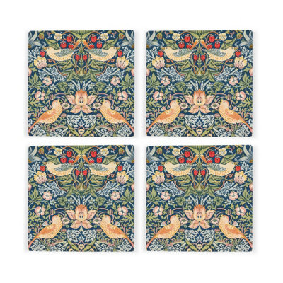 Blue Strawberry Thief Ceramic Coaster Set - William Morris Artwork Gifts - Square Set of Four (4) Coasters - Image 4
