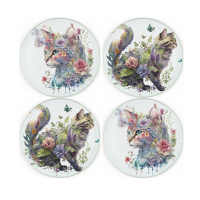 Purely Home Floral Cats CoastersRound Glass Drinks Coaster Set Of 4 from B&Q
